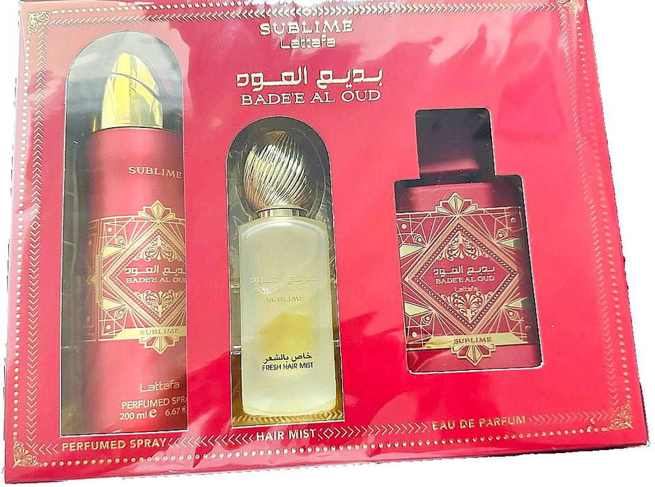 LATTAFA BADEE AL OUD SUBLIME 3 PCS GIFT SET WITH 100ML EDP + 200ML DEO + 50ML HAIRMIST