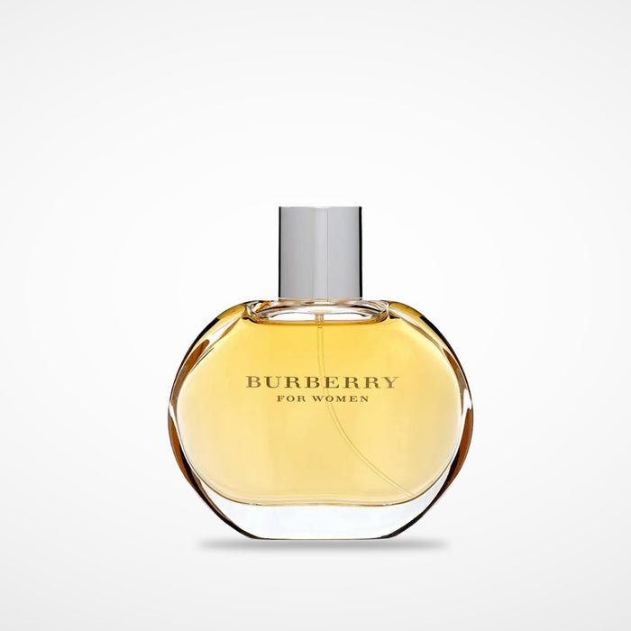 Burberry Women's Classic Eau de Parfum in signature spherical glass bottle with chrome bottle cover and amber-colored liquid