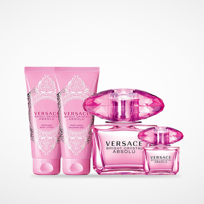Versace Bright Crystal in clear rectangular glass with ornate fuschia glass bottle cover
