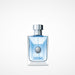 Versace Pour Homme Eau de Toilette Spray for Men 3.4OZ housed in a rectangular blue glass spray etched with iconic Versace emblem