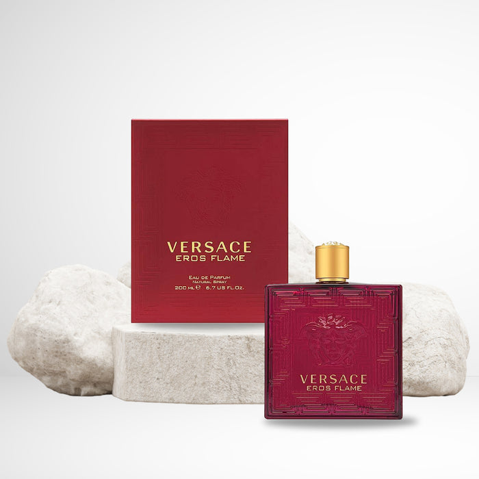 Versace Eros in texturized ruby glass bottle with gilded metallic bottle cover in chrome finish