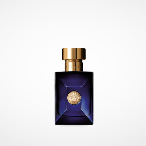 Versace Pour Homme Dylan blue in a rectangular royal blue glass bottle with embossed gilded logo and golden chrome bottle cover 