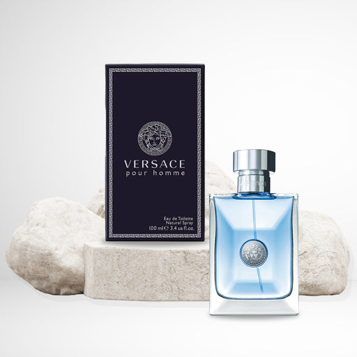 Versace Pour Homme Eau de Toilette Spray for Men 3.4OZ housed in a rectangular blue glass spray etched with iconic Versace emblem